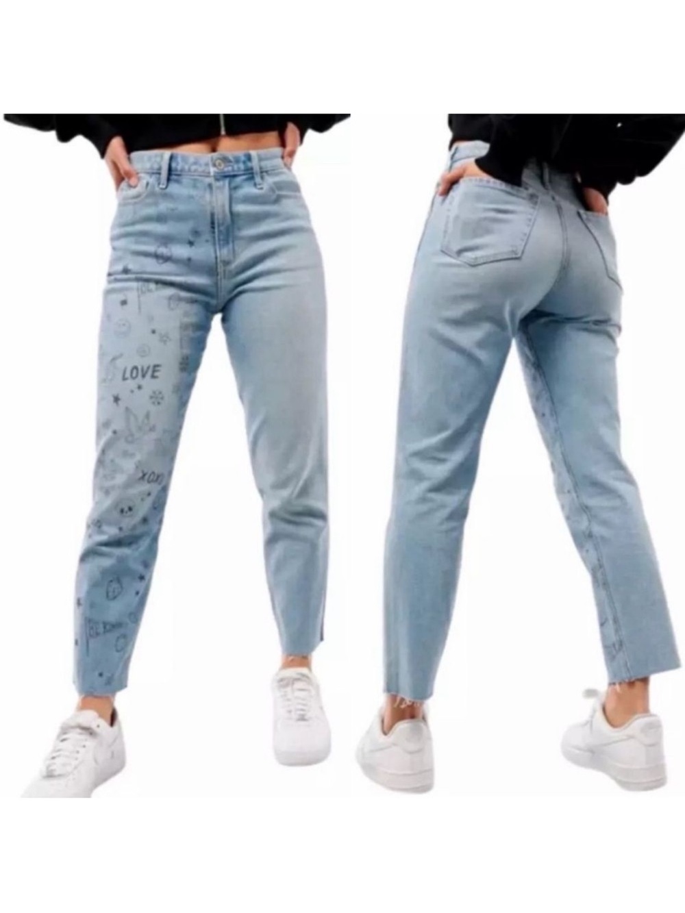 NWT Hollister Ultra High Rise Doodle Print Mom Jeans Size 24 Raw Hem Blue Artsy